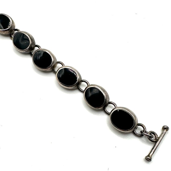 Sterling Silver 925 Black Onyx Link Bracelet 7 1/4” Toggle Closure - Picture 7 of 12